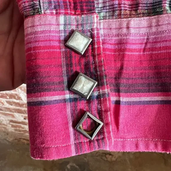 RARE VTG Polo Ralph Lauren Pink Plaid Men's Diamond Pearl Snap Shirt XXL 27x32 - Picture 5 of 6